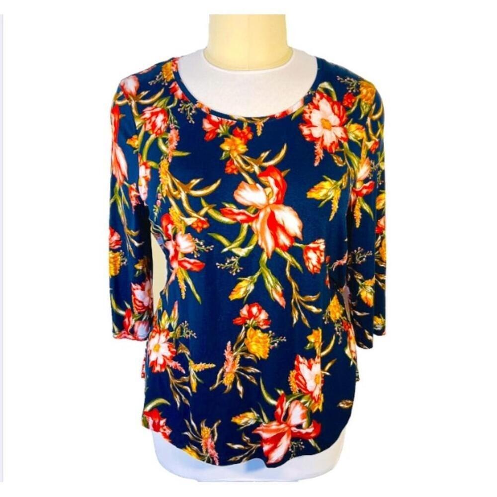 JM Collection Blouse Women's XXL Red and Gold over Navy Blue Floral Chintz